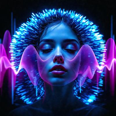 The primary subject of the image is a woman with a blue headpiece, which appears to be a futuristic or electronic headband. She is wearing a black shirt and has a pouting expression. The setting is a dark room, and the visual style is a combination of a photo and digital art. The colors in the image are predominantly blue, and the overall atmosphere is mysterious and intriguing.